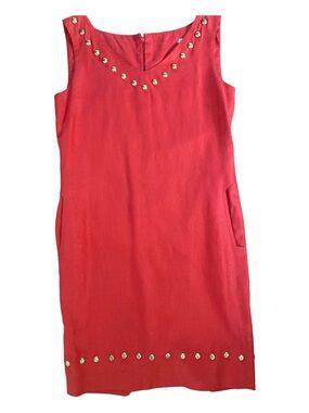 Vintage 100% Linen Red Orange Shift Dress Gold Stud Trim Pockets Size 6
